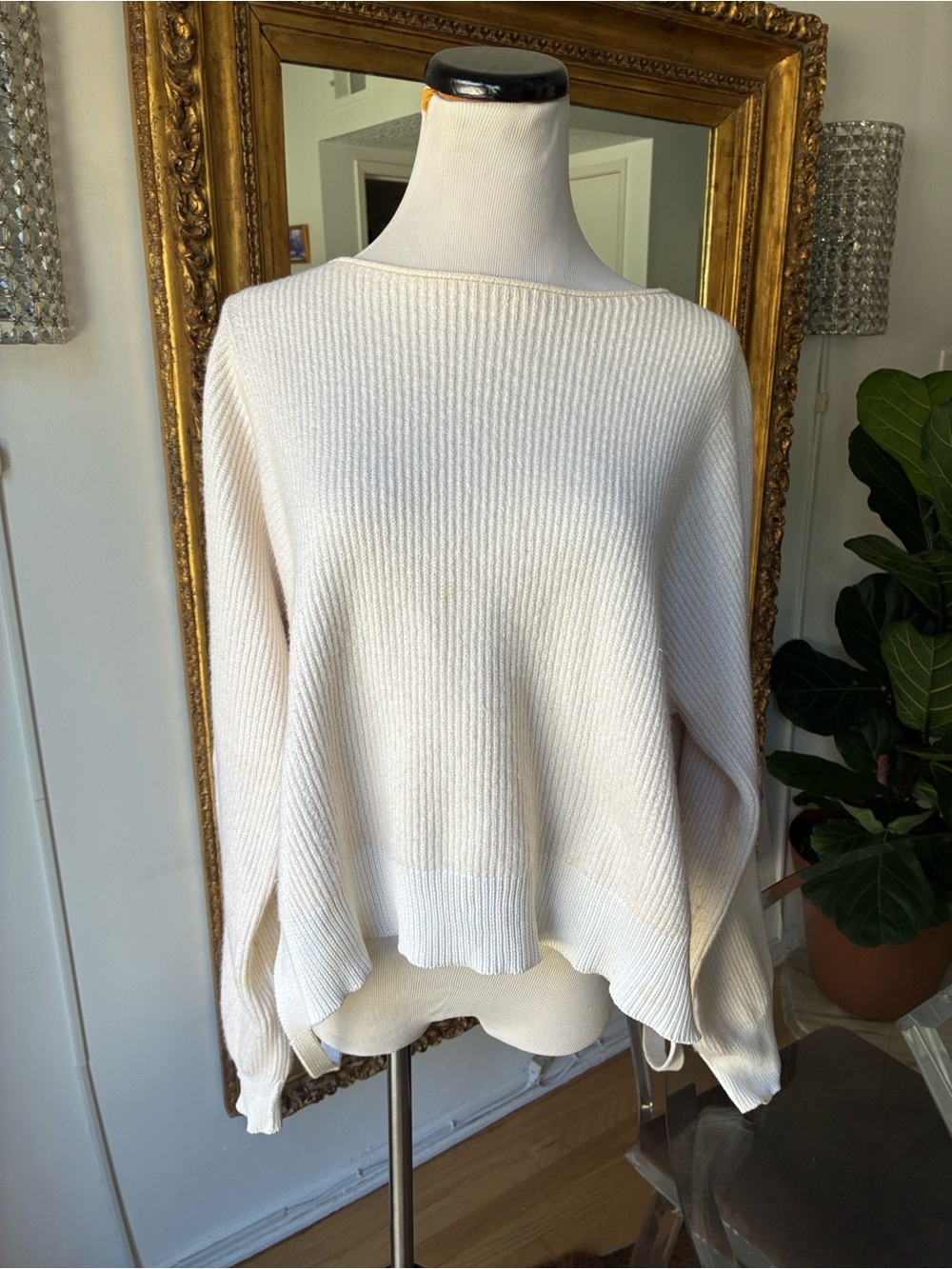 Helmut Lang Cream Ribbed Boatneck Sweater